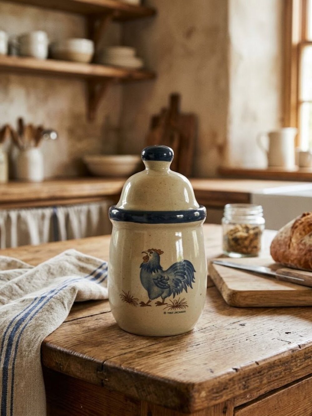 VTG 1983 JaCaman Blue Rooster Stoneware Small 6.5" Canister with Lid - Farmhouse